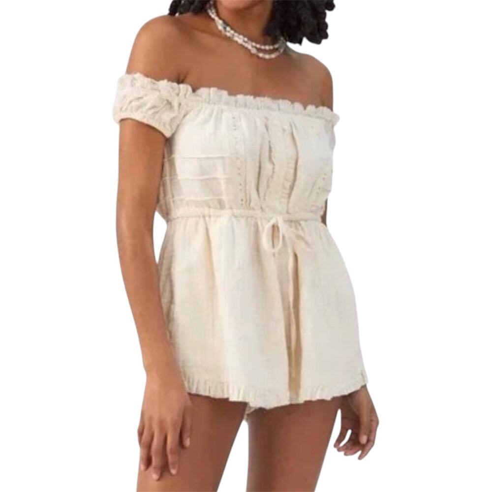 Urban Outfitters Cream Evie Off-The-Shoulder Romper Boho Cottagecore Size Small